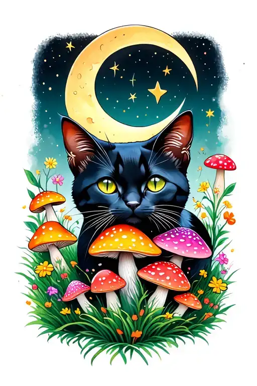 black cat with colorful mushrooms and flowers in meadow of green grass, with crescent moon and stars in dark night sky tattoo design idea