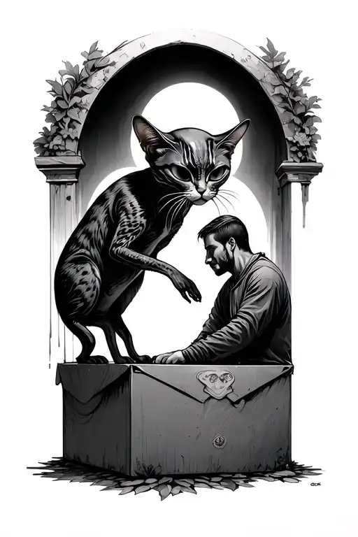 Alien cat luring man into a box realm tattoo design idea