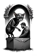 Alien cat luring man into a box realm tattoo design idea