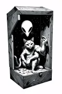 Alien cat luring man into a box realm tattoo design idea