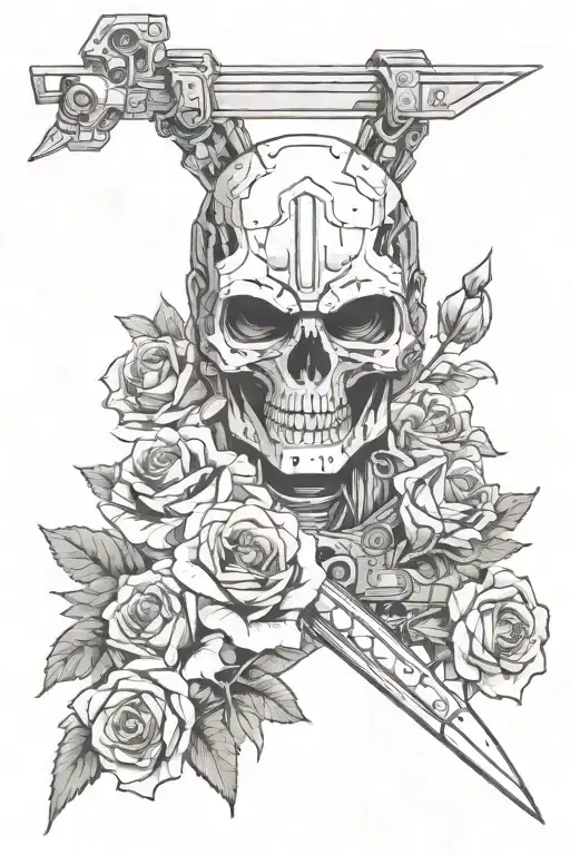 gundam, skull, reaper, and roses wrapped tattoo design idea
