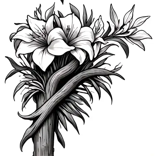 The wooden staff of saint Joseph sprouted with lilies at the top. No backround tattoo design idea
