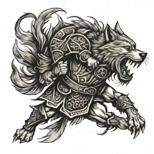 scottish warrior fighting wolf tattoo design idea