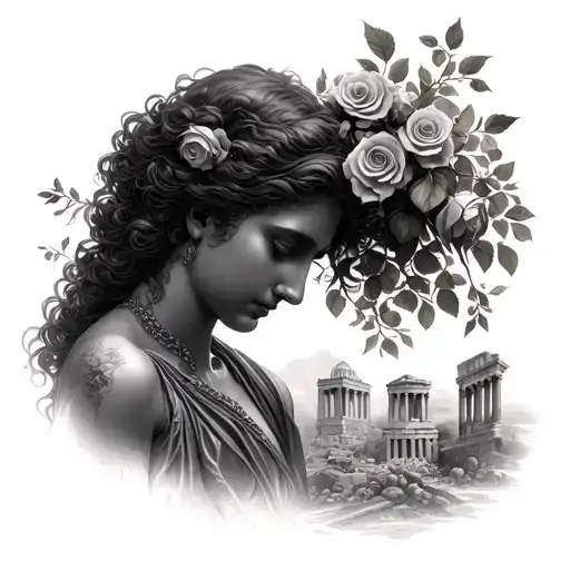 The goddess of love Aphrodite with roses in her hair illuminates the world with love. The world in Greek ruins, among the ruins, the husband bowed his head. tattoo design idea
