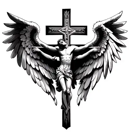 I want a religious tattoo on my chest and left sleeve the tattoo should be like cross Jesus angel wings  tattoo design idea