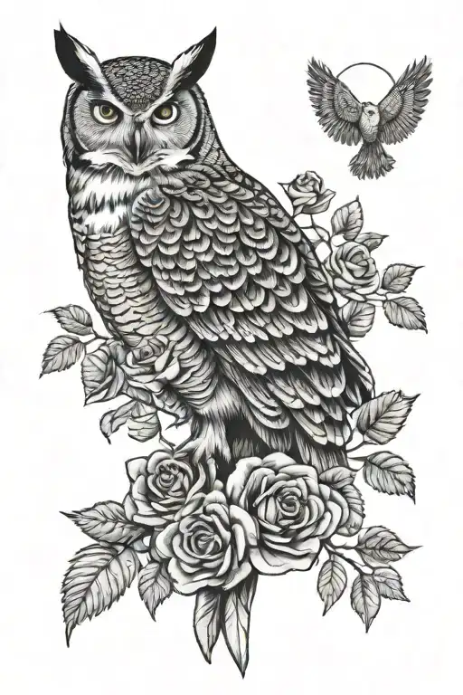 great horned owl surrounded by roses, hemlock, and crescent moon tattoo design idea