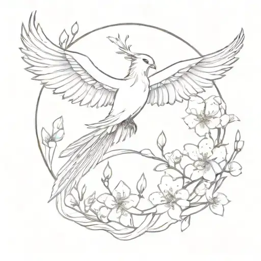 phoenix with open wings, smoke and cherry blossoms tattoo design idea