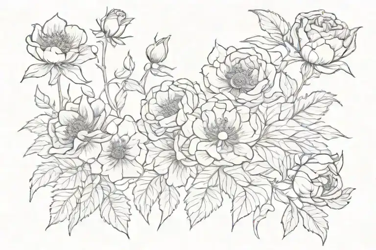 vine of flowers; carnation, rose, honeysuckle, poppy,larkspur,and waterlily  tattoo design idea