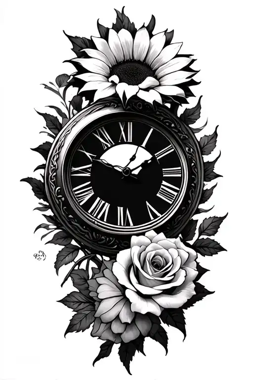 sun flower,roses,and roman numeral clock  tattoo design idea