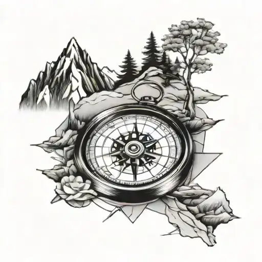 compass surrounded my mountain range tattoo design idea