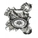 compass surrounded my mountain range tattoo design idea