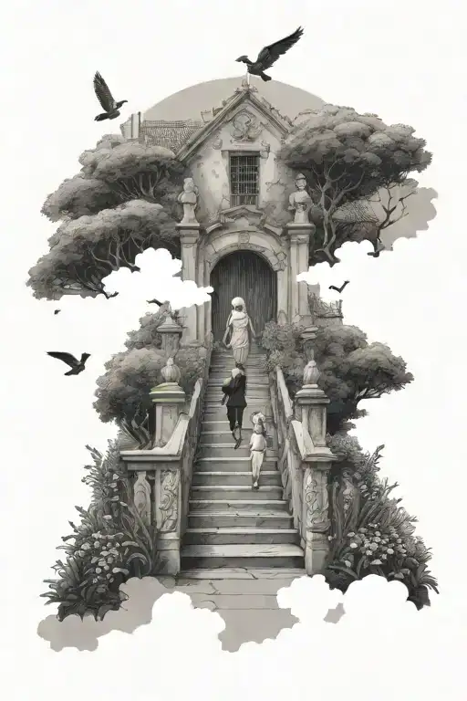 grandma and girl walking into the heaven gates long stairs lots of birds lavender clouds alot of greenery  tattoo design idea