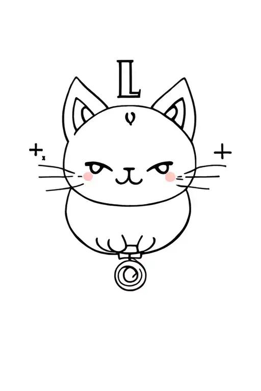 delicate collar-style tattoo, subtle happy collared kitten, triskelion symbol, the letter L on top, circle with a + tattoo design idea