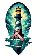 Lighthouse within the storm with a ovarian cancer awareness ribbon wrapping around the Lighthouse from the water tattoo design idea