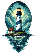 Lighthouse within the storm with a ovarian cancer awareness ribbon wrapping around the Lighthouse from the water tattoo design idea