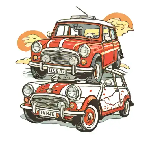 red mini cooper, pebbled beach, blue sky tattoo design idea