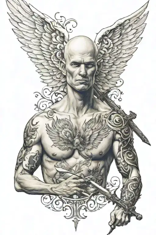 Naked bald man with wings and a sword tattooed on his chest tattoo design idea