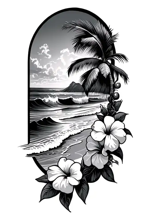 beach with ocean waves crashing with hibiscus vine on the right side and palm tree tattoo design idea