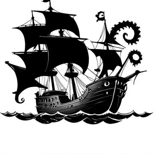 pirate ship sailing through stormy with the kraken tattoo design idea
