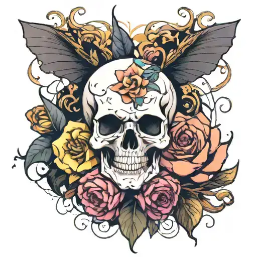 Anime flowers with a skull from which worms crawl out tattoo design idea