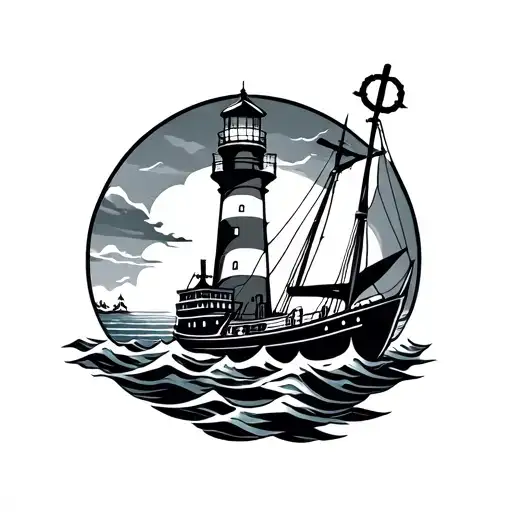 lighthouse and boat and anchor connect tattoo design idea