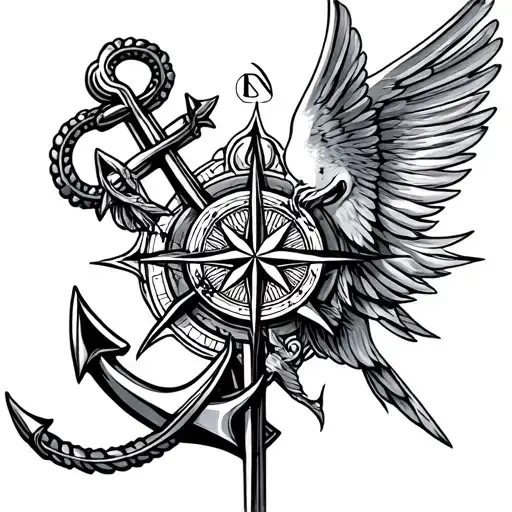Neptune trident, compass rose, anchor, swallow,  tattoo design idea