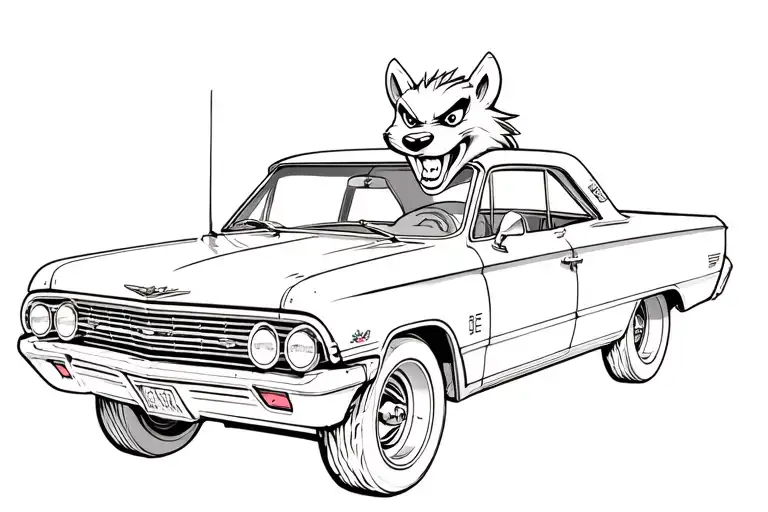 {"prompt":"Tattoo-style artwork of the Tasmanian Devil driving a maroon 1963 Chevrolet Impala hot rod with only 2 doors  tattoo design idea
