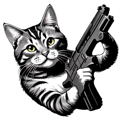 Cat Holding Gun tattoo design idea