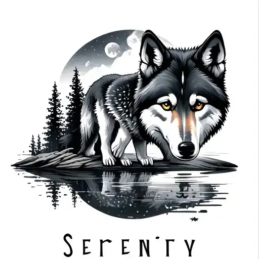 "Serenity " paternal wolf cub reflection lake woods moon trees night realistic tattoo design idea