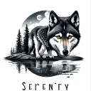 "Serenity " paternal wolf cub reflection lake woods moon trees night realistic tattoo design idea