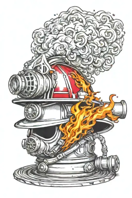 firefighter helmet with fire hydrant engulfed in flames tattoo design idea