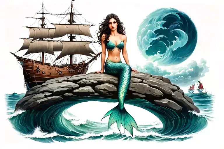 mermaid sitting on top of a rock facing a pirate ship tattoo design idea