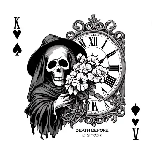 playing card with grim reaper holding flowers with an old clock in the background with the words death before dishonor  tattoo design idea