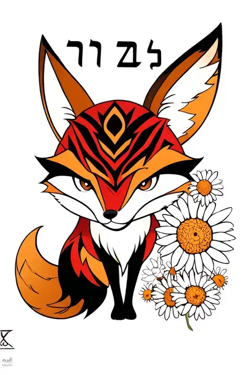 A angry fox with a big tail, daisies. Colors: brown, red, red. black. With the inscription  שלום און פֿאָלג עס זוך  tattoo design idea