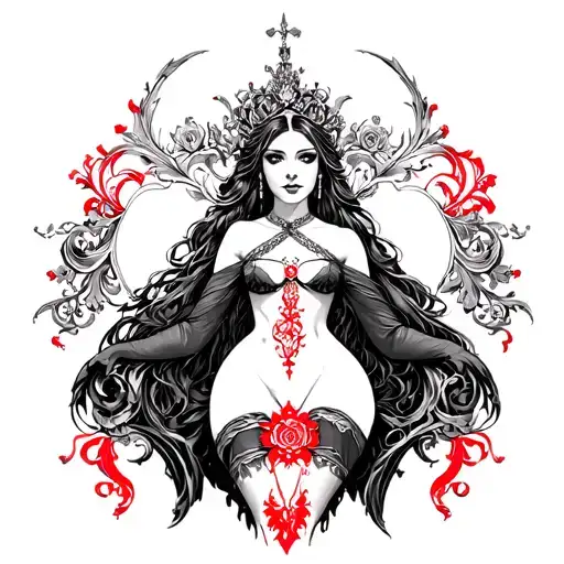 A tattoo-inspired black-and-white illustration with selective red accents. A baroque, pin-up priestess figure posed erot tattoo design idea