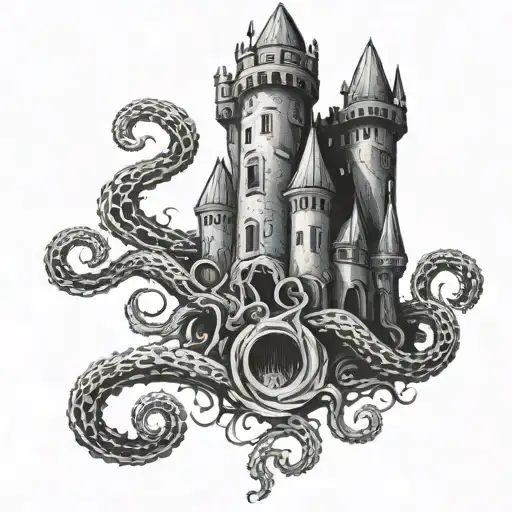 lovecraft style castle horror tentacles tattoo design idea