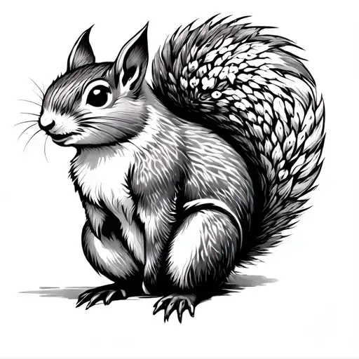 Black and white Nordic tattoo-style line art of Ratatoskr, the mythological squirrel from Yggdrasil. Drawn in a Viking-i tattoo design idea