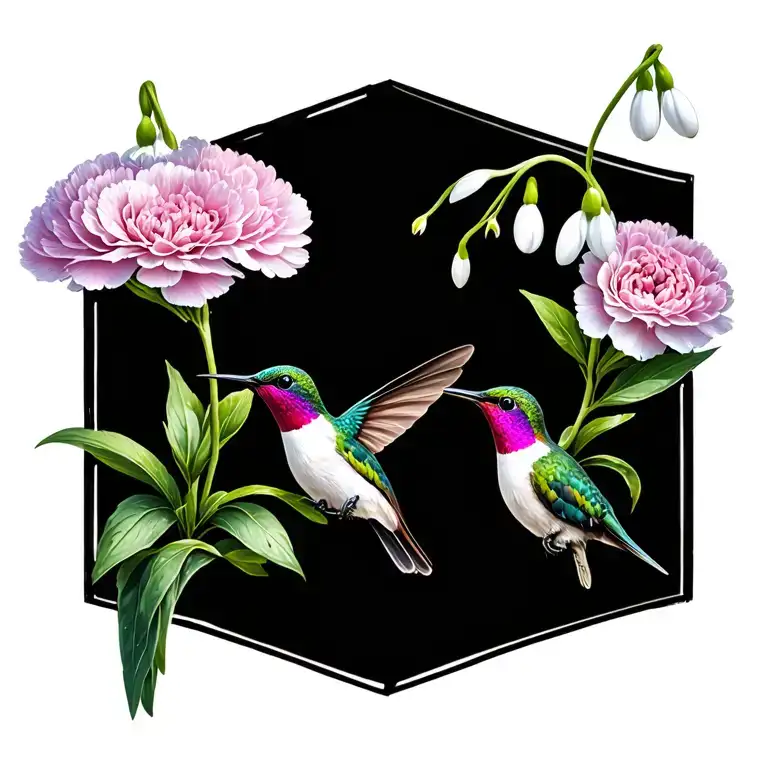 carnation flowers, snowdrop flowers and hummingbird tattoo design idea