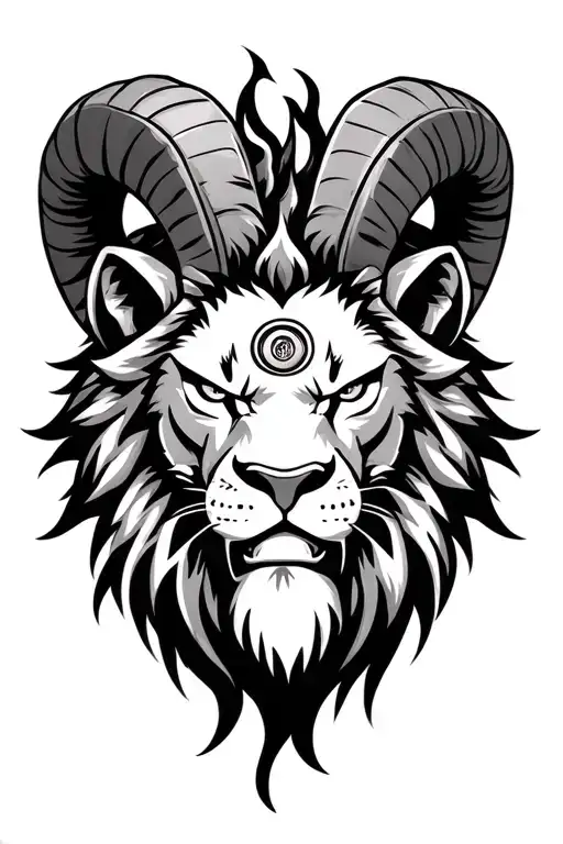 angry lion with ram horns and a third eye. make eyes white and lion mane look like flames tattoo design idea