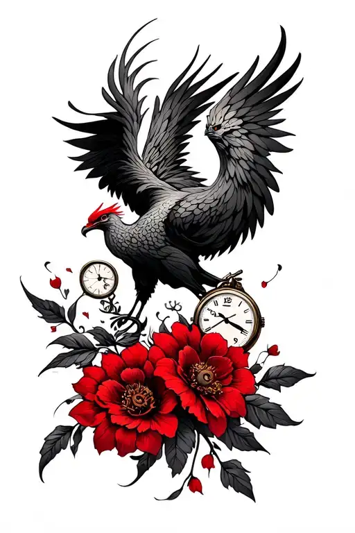 Phoenix tattoo with red recoil flowers, clocks or watch /needles. Fate in Japanese tattoo design idea
