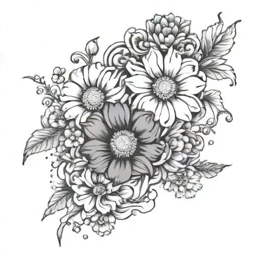 cosmos and marigold flowers intertwined tattoo design idea