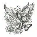 dicentra flower with phoenix and butterfly above it flying away tattoo design idea