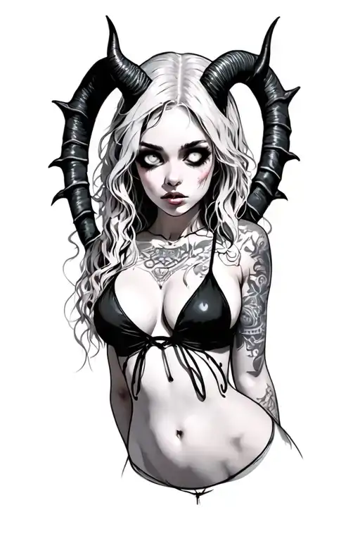 Sexy Pale Girl, Petite, Big Boobs, Wide Hips, G-string. Messy Hair, Demonic Horns, Sexual.... on hood, white eyes tattoo design idea