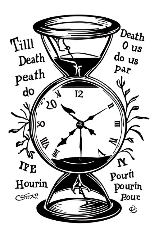 hour glass on rist of left forearm a clock coming apart saying "till death do us part" then hour glass with words pourin tattoo design idea