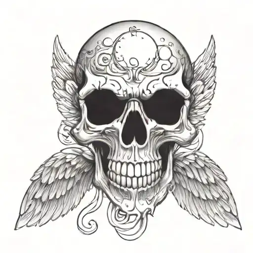 make a skull, with angel wings, an eight ball coming out of the skull's eye tattoo design idea
