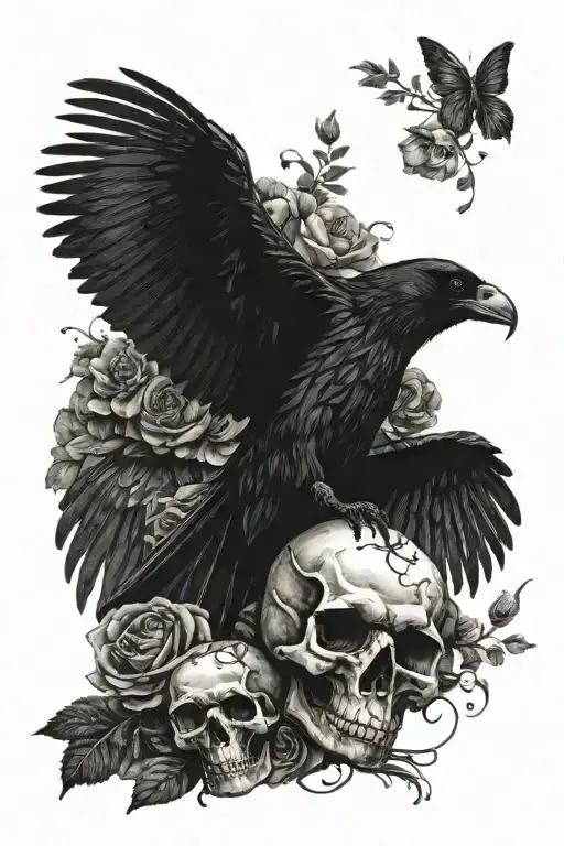black raven with spreaded wings on top of a skull, surrounded with flowers tattoo design idea