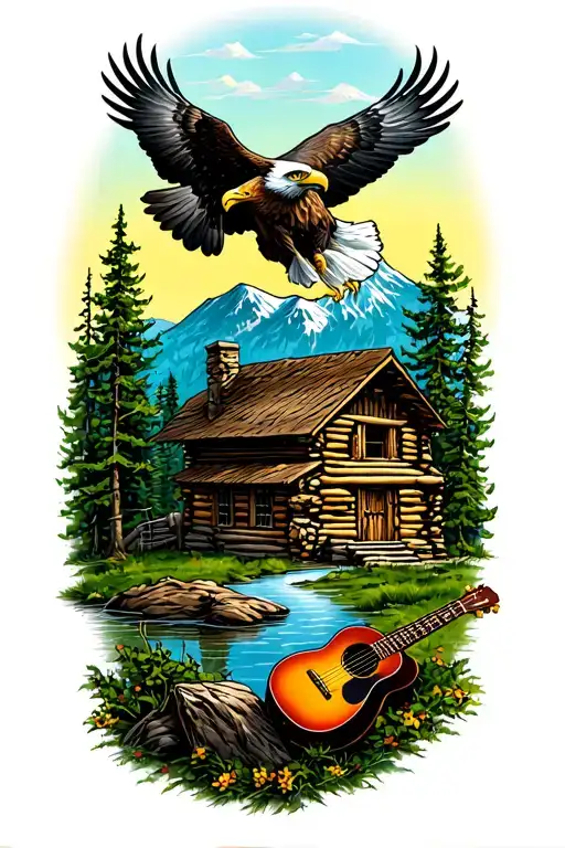 nature scene with log cabin up on a mountain with a bald eagle soaring in the sky with a acoustic guitar tattoo design idea