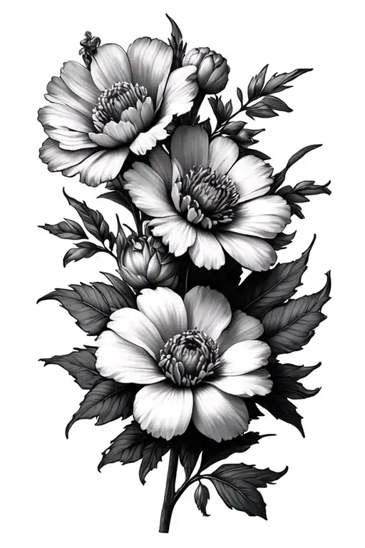 birth flowers february, march, may, july and october tattoo design idea