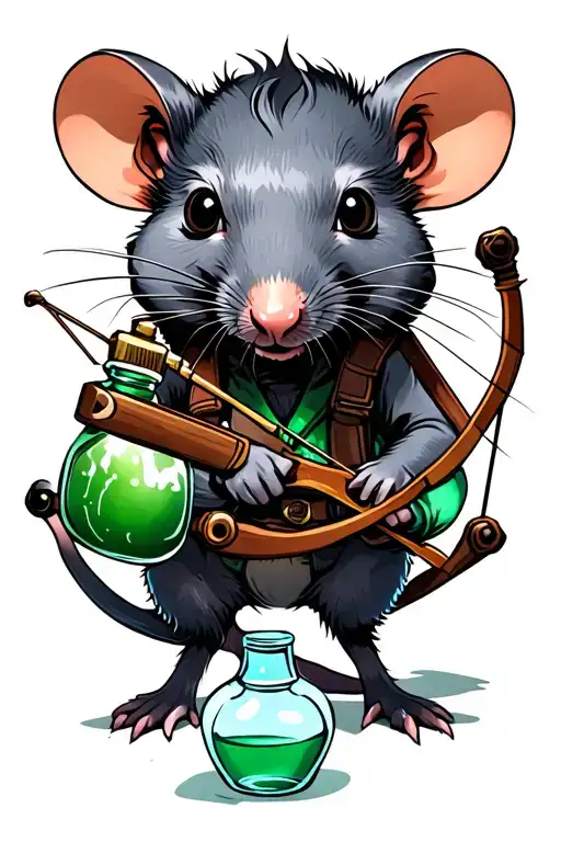A rat on two legs with a crossbow and a bottle of poison gas. tattoo design idea