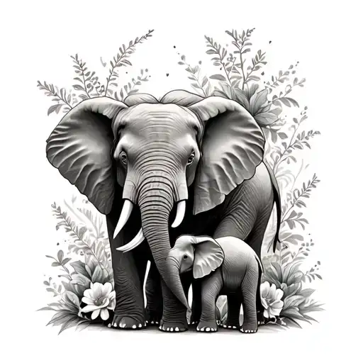 one adult elephant with a little baby elephant by its legs, partly covered by flowers and naturistic plants as a smallis tattoo design idea
